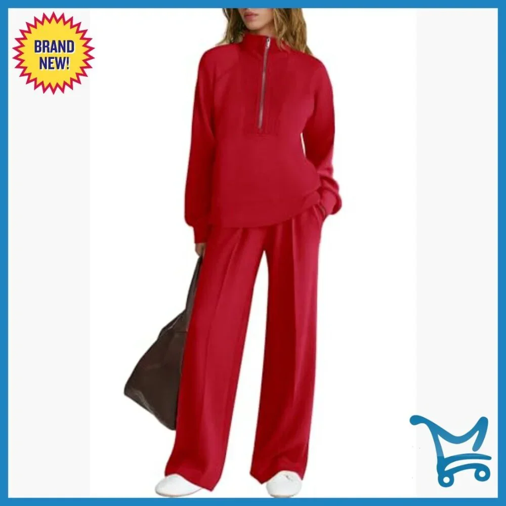 Oversized Half Zip Tracksuit Set with Wide Leg Pants, X-Large